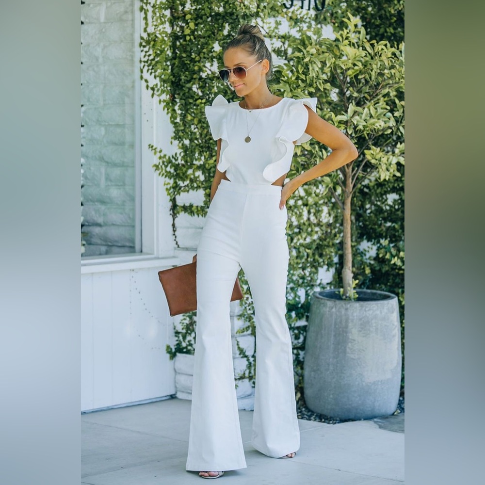 Vici Jumpsuit White Denim Flare Leg Cutout Ruffle Sleeves Cinch Waist